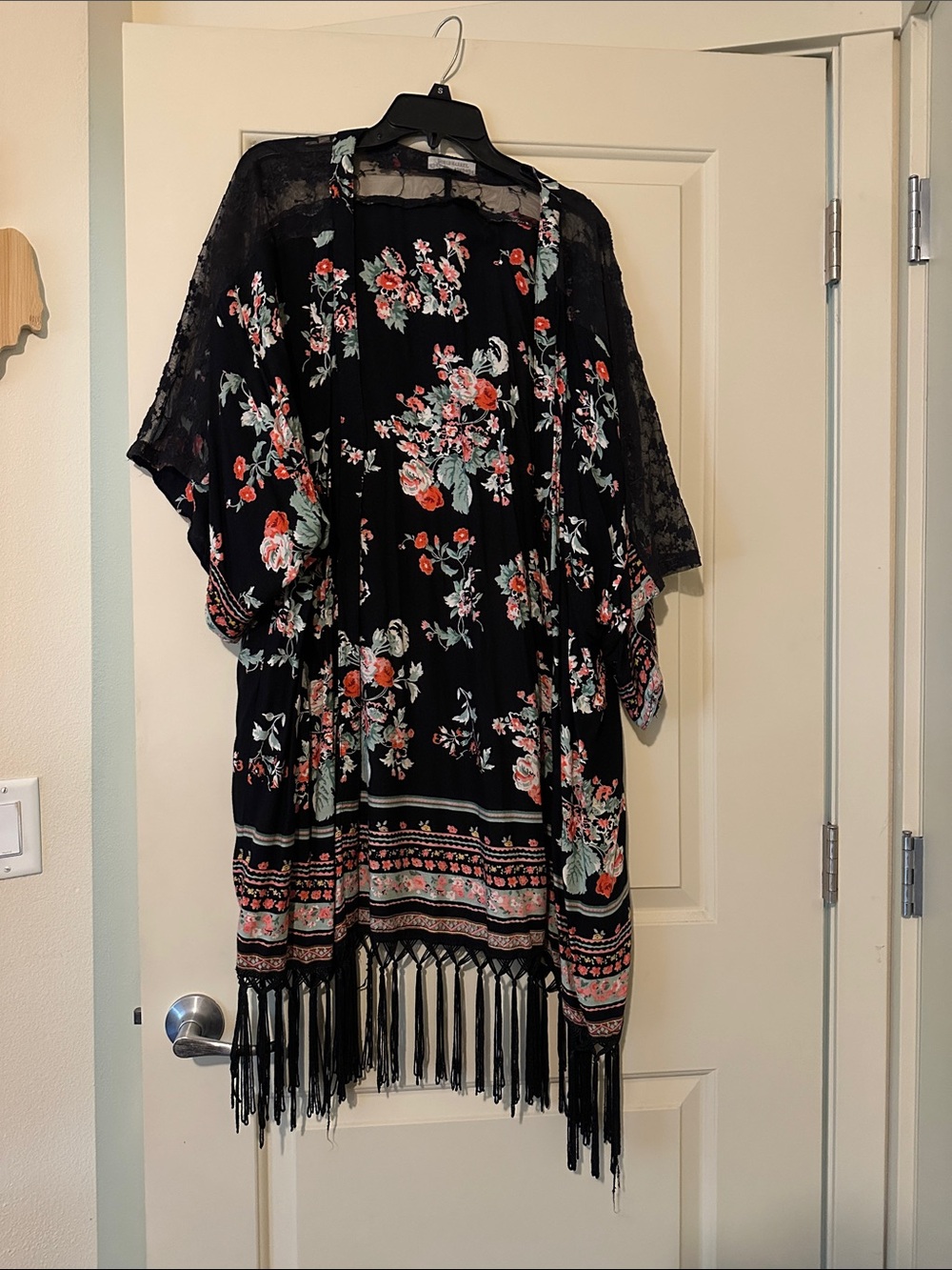 Cost Plus World Market Black Floral Fringe Kimono with Coral & Mint Accents